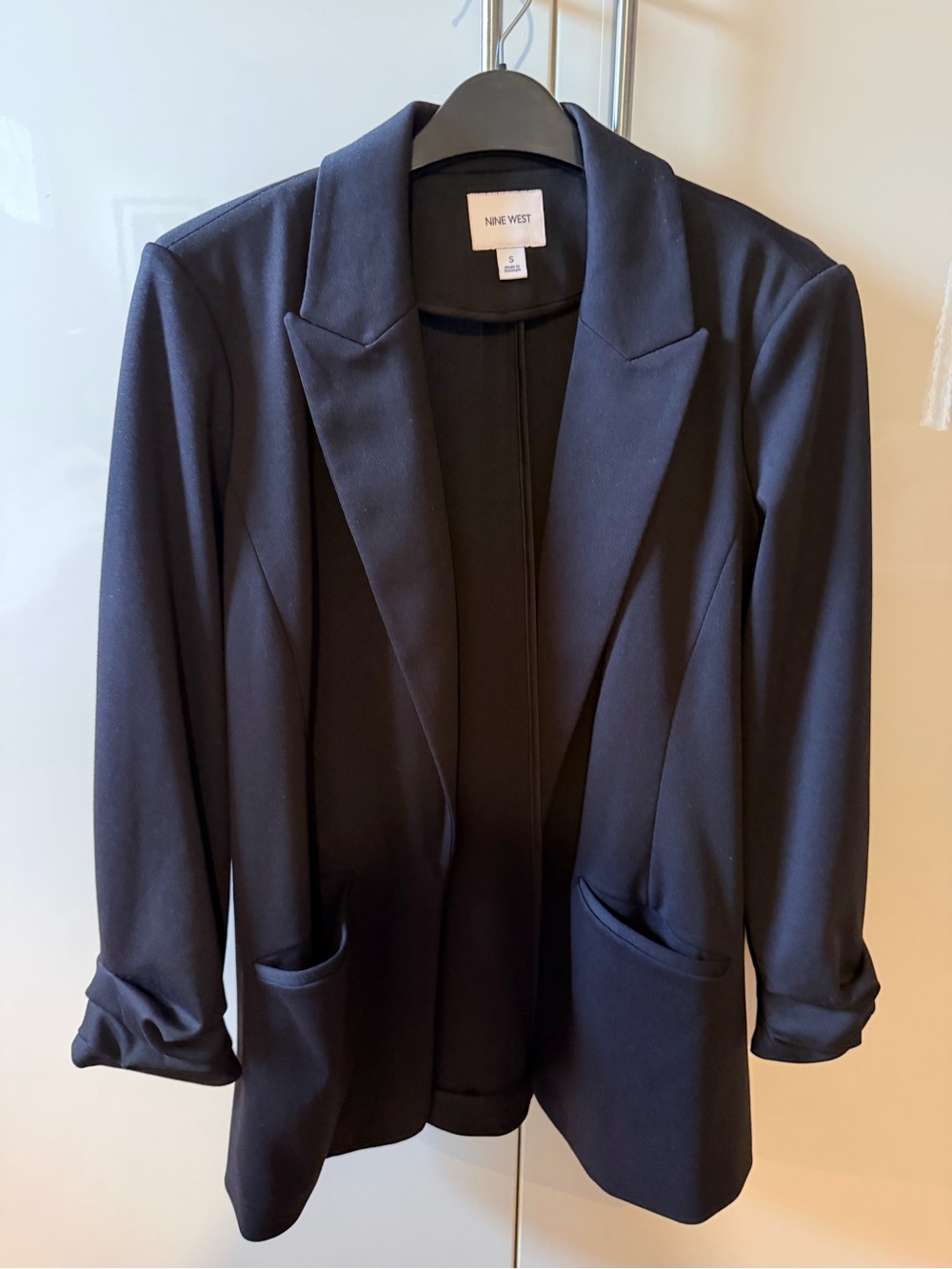 Nine West Black Ruched Sleeve Open Blazer Minimal Stretch Career Jacket Small